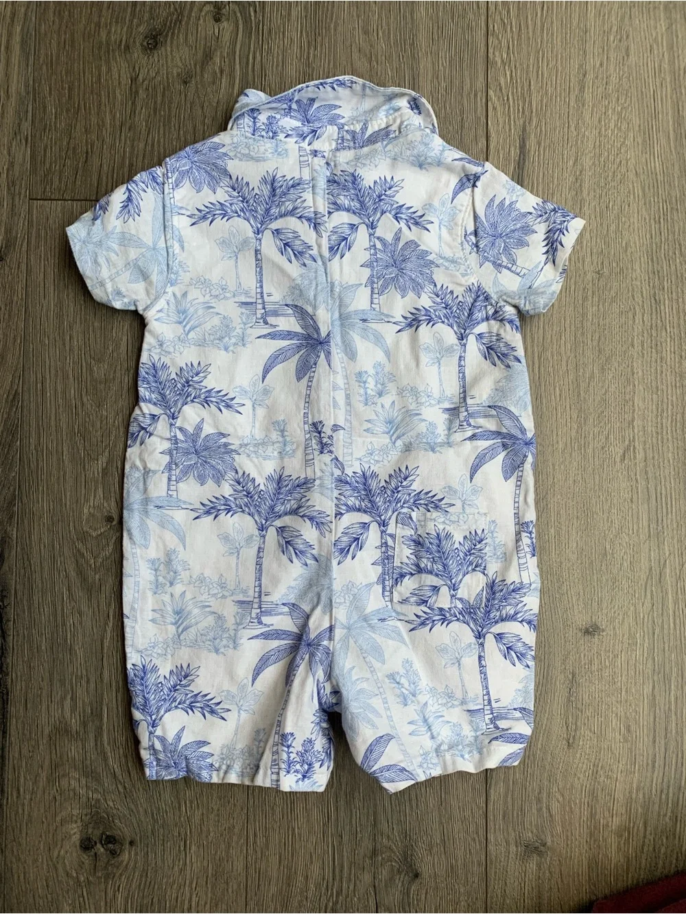 Baby Boy White and Blue Palm-Print One-Piece Romper